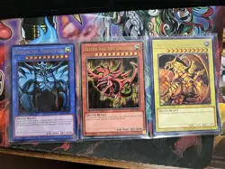 YUGIOH! EGYPTIAN GOD CARDS! OBELISK + SLIFER + RA - Near mint HOLO SET - LC01 - Image 1