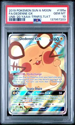 2019 POKEMON SUN & MOON UNBROKEN BONDS #195A FULL ART/DEDENNE GX PSA 10 - Image 1