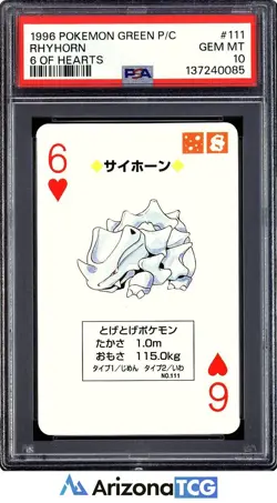 Pokemon 1996 Rhyhorn 111 6 Of Hearts Green Playing Card Japanese GEM MINT PSA 10 - Image 1