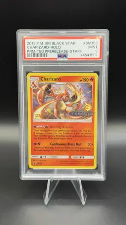 2019 Pokemon Charizard Prerelease Staff Holo Black Star Promo SM158 PSA 9 - Image 1