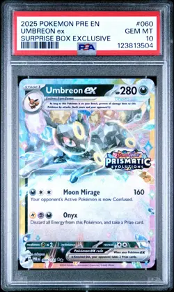 2025 POKEMON PRISMATIC EVOLUTION UMBREON EX SUPRISE BOX STAMP 060/131 PSA 10 - Image 1