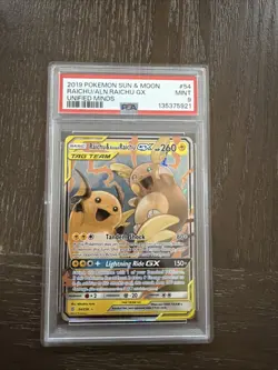 2019 Pokemon Sun & Moon Unified Minds Raichu Alolan Tag Team GX #54/236 PSA 9 - Image 1
