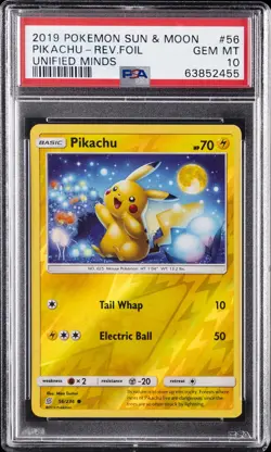 2019 POKEMON SUN & MOON UNIFIED MINDS #56 PIKACHU-REVERSE FOIL PSA 10 - Image 1