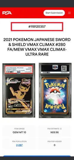 Pokemon Card Japanese PSA 10 Mew Vmax 280/184 UR Vmax Climax Full Art Gem Mint - Image 3