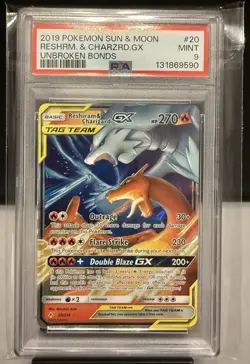 2019 Reshiram & Charizard GX Holo PSA Mint 9 Pokemon Unbroken Bonds #20/214 - Image 1