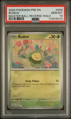 PSA 10 GEM Mint Budew 004/131 Reverse Holo Masterball - Pokemon PRE SV8.5 - Image 1