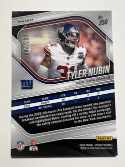 2025 Panini Prizm Tyler Nubin /200 Hyper Prizm #250 New York Giants - Image 2