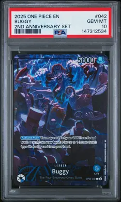 2025 ONE PIECE OP09 042 BUGGY ENGLISH 2ND ANNIVERSARY SET LEADER PROMO PSA 10 - Image 1