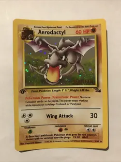 1st Edition Aerodactyl 1/62 PRERELEASE Gold Stamp Fossil Holo 1999 Pokemon Card - Image 1
