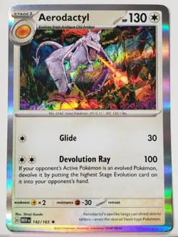 HOLO Aerodactyl 142/165 NM / M 151 Scarlet Violet Pokemon Card Shinji Kanda Art - Image 1