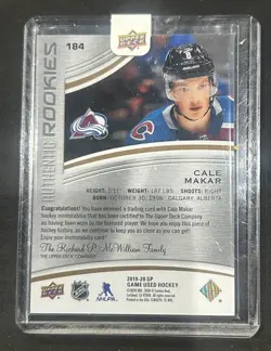 Cale Makar 2019-20 Upper Deck Game Used Hockey /599 Patch RC 🔥 Avalanche 184 - Image 2
