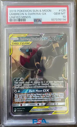 2019 Pokemon Sun and Moon Umbreon and Darkrai GX Unified Minds PSA 10 125/236 - Image 1