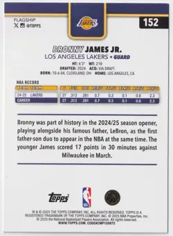 2025-26 Topps #152 Bronny James Jr. Purple Holo Foil #/250 Los Angeles Lakers - Image 2