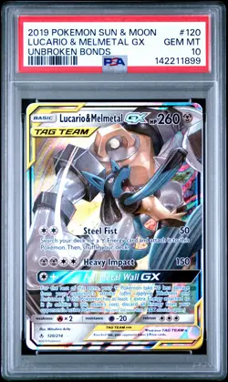 2019 POKEMON SUN & MOON UNBROKEN BONDS #120 LUCARIO & MELMETAL GX PSA 10 - Image 1