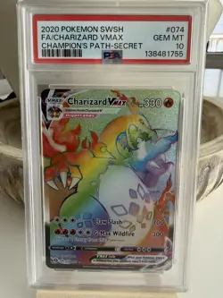 2020 Pokemon SWSH FA/Charizard VMAX #074 Champion's Path Secret Rainbow PSA 10 - Image 1