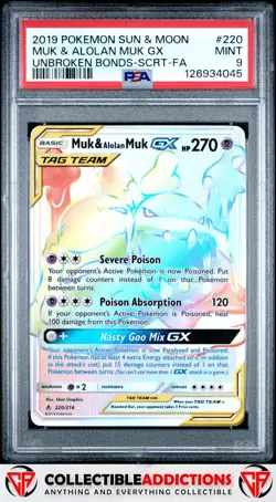 2019 Pokemon Sun & Moon Unbroken Bonds #220 Muk & Alolan Muk Gx PSA 9 - Image 1