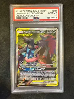 2019 Pokemon Sun & Moon Unbroken Bonds 201 Full Art/Greninja & Zoroark GX PSA 10 - Image 1