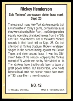 1985 Donruss Highlights Rickey Henderson New York Yankees #42 - Image 2