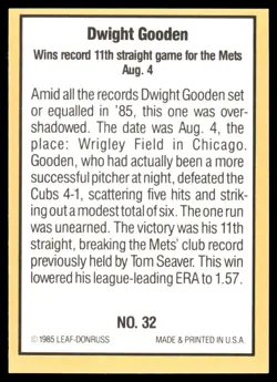 1985 Donruss Highlights Dwight Gooden New York Mets #32 - Image 2