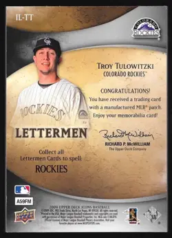 Upper Deck 2009 Icons Troy Tulowitzki Lettermen IL-TT Patch /50 Rockies "C" - Image 2