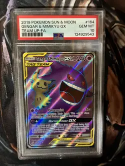 2019 POKEMON SUN & MOON TEAM UP #164 FULL ART/GENGAR & MIMIKYU GX PSA 10 - Image 1