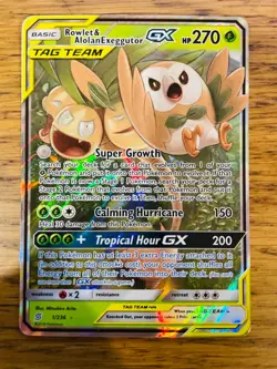 Rowlet & Alolan Exeggutor GX (1/236) Unified Minds Tag Team Holo Pokemon Card! - Image 1