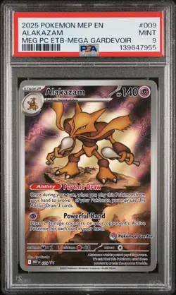 2025 POKEMON MEGA EVOLUTION POKEMON CENTER ETB PROMO #009 ALAKAZAM PSA 9 - Image 1