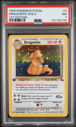 1999 POKEMON FOSSIL 1ST ED #4 DRAGONITE-HOLO PSA 7 - Image 1