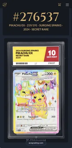 Pokemon TCG - Pikachu EX 219/191 - Surging Sparks Ultra Rare - ACE GEM MT 10💎 - Image 3