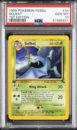 1999 POKEMON FOSSIL 1ST ED #34 GOLBAT PSA 10 - Image 1