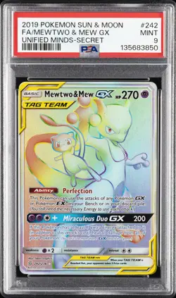 2019 POKEMON SUN & MOON UNIFIED MINDS SECRET #242 FULL ART/MEWTWO & MEW GX PSA 9 - Image 1