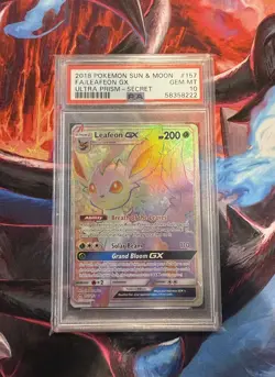 2018 POKEMON ULTRA PRISM LEAFEON GX #157 SECRET RARE PSA 10 MINT - Image 1