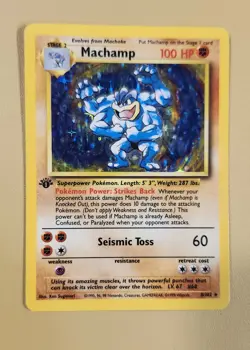 1999 Pokemon Base Set 1st Edition Machamp Holo - see video of Holo & Card - Image 1