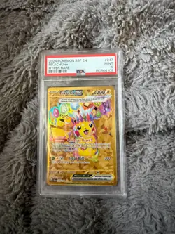 2024 Pokemon SSP Pikachu ex #247 PSA 9 MINT Hyper Rare Gold Card - Image 1