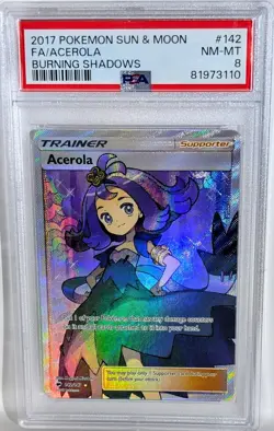 Pokemon Sun & Moon ACEROLA Burning Shadows Full Art 142/147 PSA 8 ⭐ NM-MT - Image 1