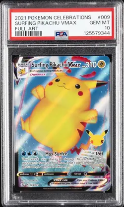 2021 POKEMON CELEBRATIONS #009 FULL ART/SURFING PIKACHU VMAX PSA 10 - Image 1