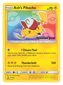 NM-Mint Ash's Pikachu - SM108 - Promo - SM Black Star Promo Pokemon SM Promos - Image 1