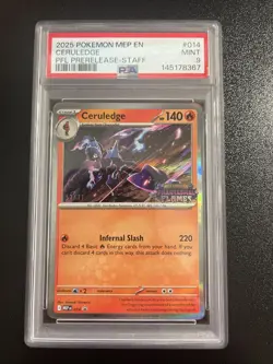 2025 Pokemon Phantasmal Flames Ceruledge 014 Black Star Prerelease Staff PSA 9 - Image 1