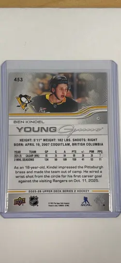 BEN KINDEL 25/26 2025 2026 Upper Deck Young Guns Rookie #453 Penguins *MINT* - Image 2