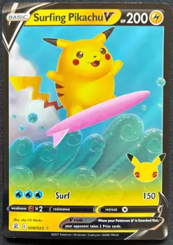 Surfing Pikachu V 008/025 Full Art Celebrations English Pokemon - Image 1