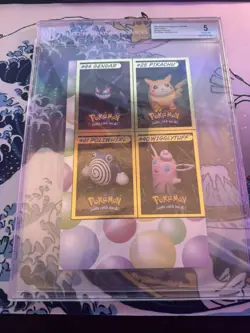 Pokemon 1999 Hasbro Toy Wishes Gengar/Pikachu/Poliwhirl/WigglyTuff - BGS 5 UNCUT - Image 1