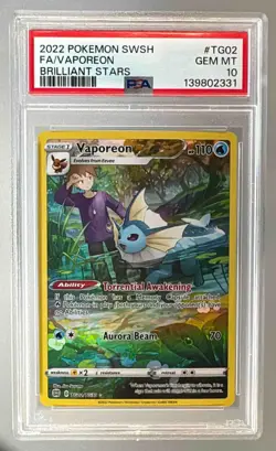 2022 Pokemon Sword & Shield Brilliant Stars TG02 Vaporeon Trainer Gallery PSA 10 - Image 1
