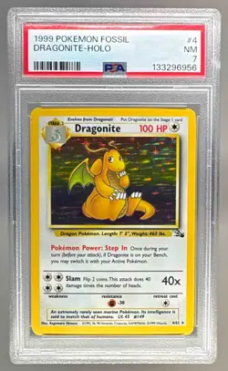 1999 Pokemon Fossil 4 Dragonite Holo PSA 7 133296956 - Image 1