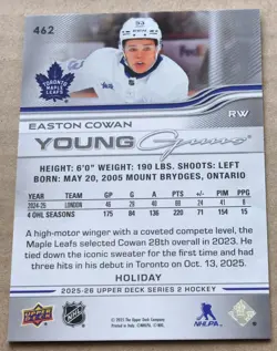 2025-26 Upper Deck Holiday Young Guns Easton Cowan #462 Toronto Maple Leafs - Image 2