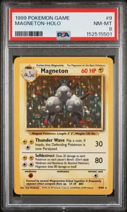 1999 POKEMON GAME BASE SET UNLIMITED #9 MAGNETON HOLO PSA 8 NM - Image 1