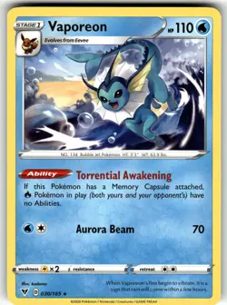 Vaporeon 030/185 SWSH04: Vivid Voltage NM Pokemon Card TCG - Image 1