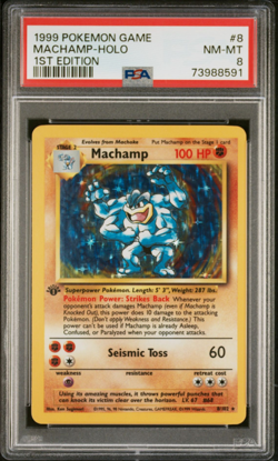 1999 POKEMON GAME BASE SET UNLIMITED #8 MACHAMP-HOLO 1ST PSA 8 EDITION NM - Image 1