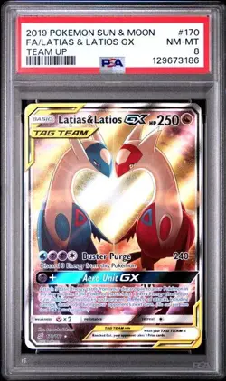 2019 POKEMON SUN & MOON TEAM UP 170 FULL ART/LATIAS & LATIOS GX PSA 8 FRESH CERT - Image 1