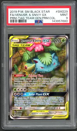 Pokemon Cards - PSA 9 Venusaur & Snivy GX SM229 - Tag Team Black Star Promo MINT - Image 1