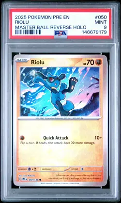 2025 POKEMON PRE EN-PRISMATIC EVOLUTIONS MASTER BALL REVERSE HOLO RIOLU PSA 9 - Image 1